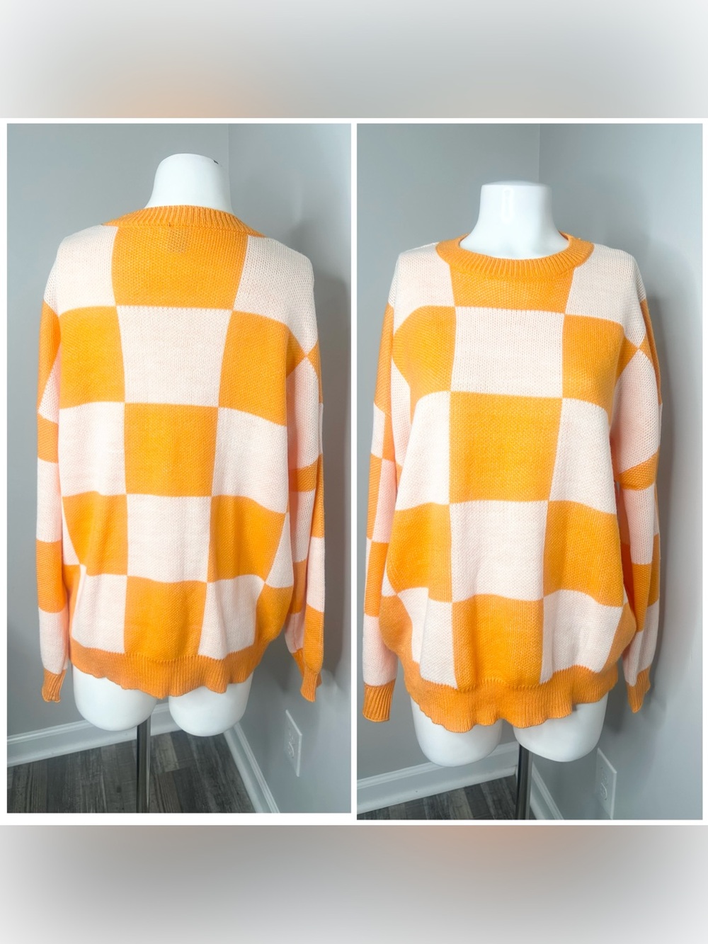 SHEIN Women's Checkerboard Crewneck Sweater - Orange & Cream-M
